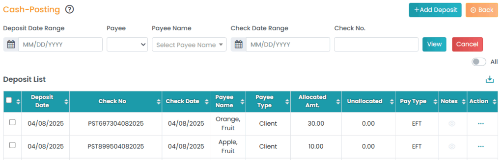 TherapyPM Cash posting Feature Screenshot