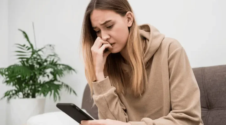 Image of a person frustrating in room with a mobile, symbolizing the concept of digital detox and the restoration of mental well-being.