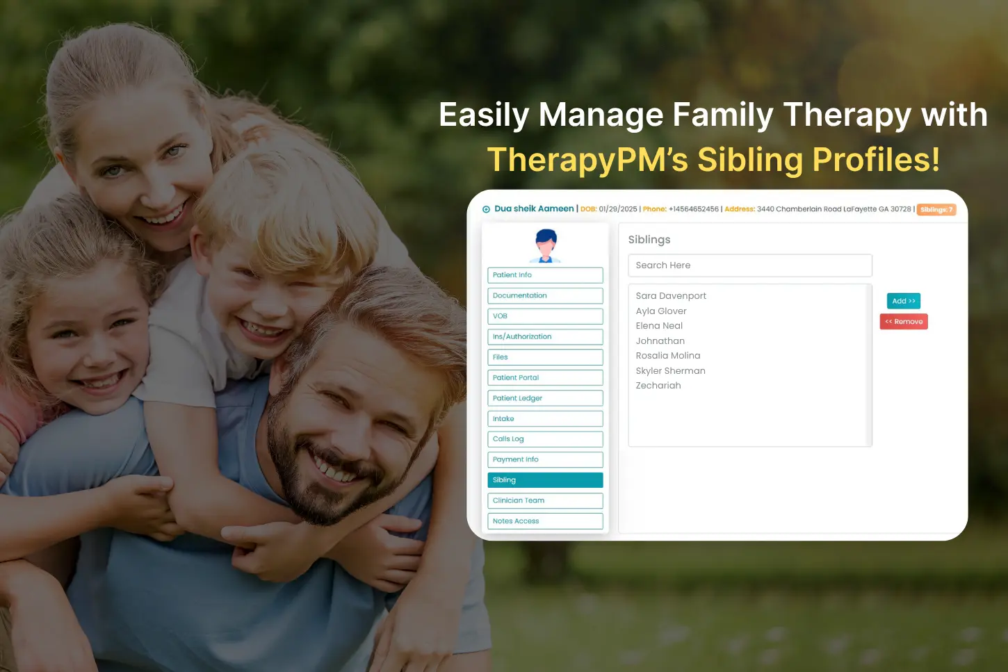 Easily manage family therapy with therapypm’s sibling profiles