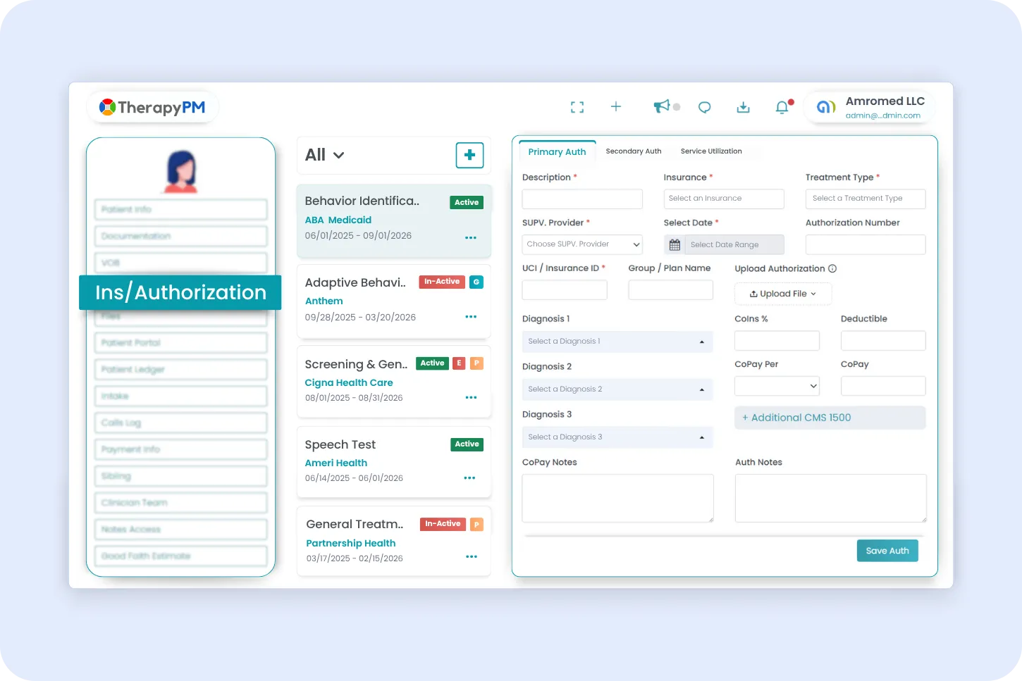 Authorization TherapyPM Practice management software Authorixation panel image