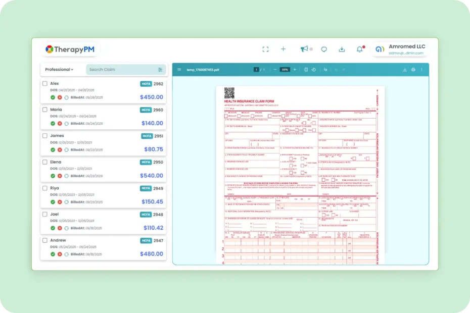 TherapyPM Practice Management software Insurance billing panel Image