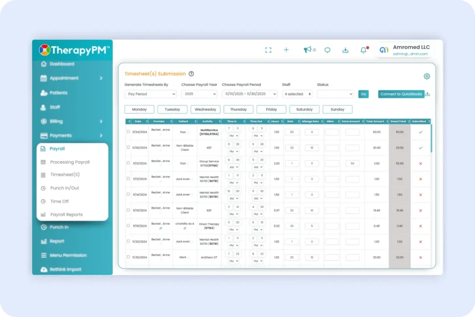 TherapyPM Practice management software Payroll page image