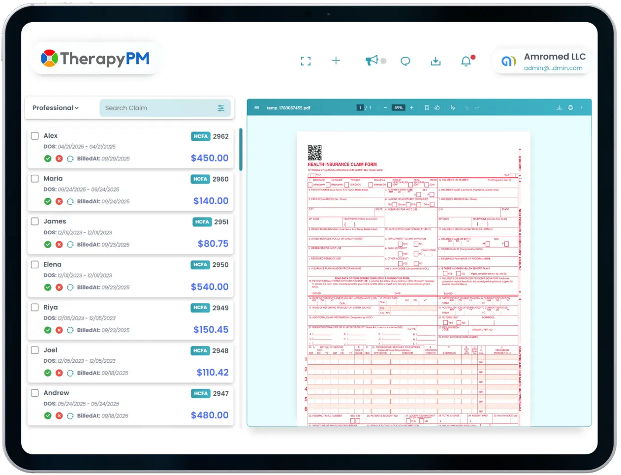 TherapyPM Practice Management software Insurance billing panel Image