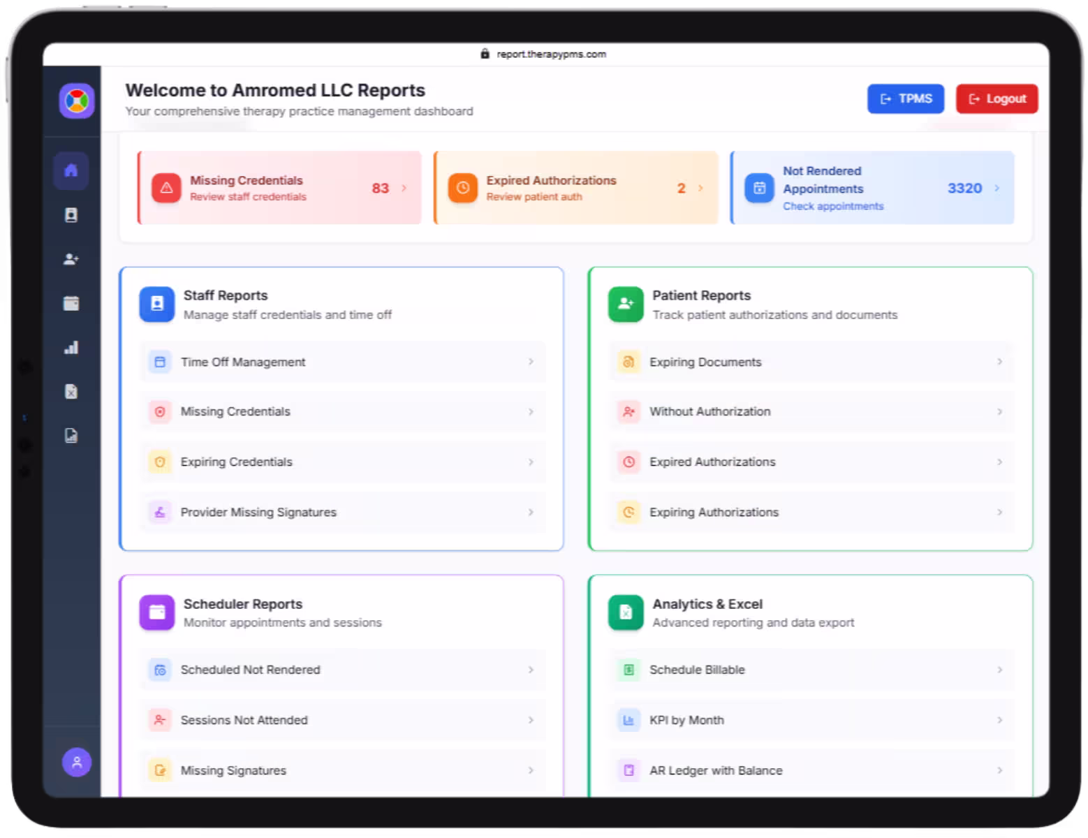 TherapyPM practice management software Reports Page dashboard